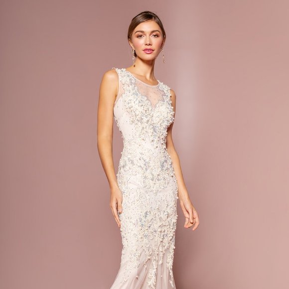 NEW EMBROIDERED BEADS WEDDING TULLE DRESS WITH ILLUSION SCOOP NECKLINE GL1344